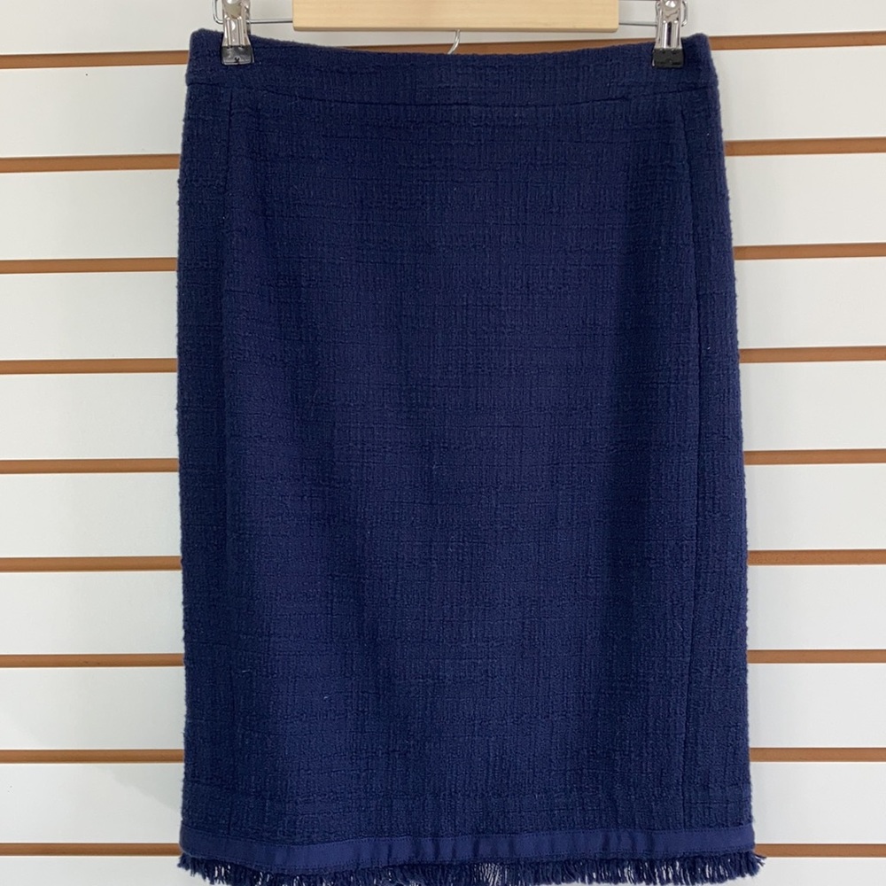 J. CREW Tweed Moto 2 pc Suit Set Jacket (6) ; Skirt (4) Navy Blue Tweed Fringe - Picture 6 of 16